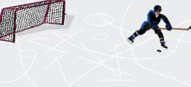 Moving animated clip art image of hockey player skating on ice taking a shot a the net