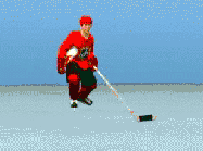 3D clip art animation of hockey player skating in a circle with stick and puck