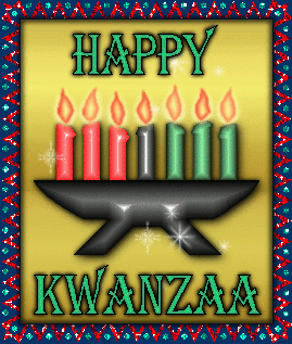 Sparkling Happy Kwanzaa banner with seven flickering candles