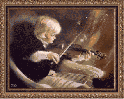 Gif animation of little boy playing a violin and emanating magical notes in the air