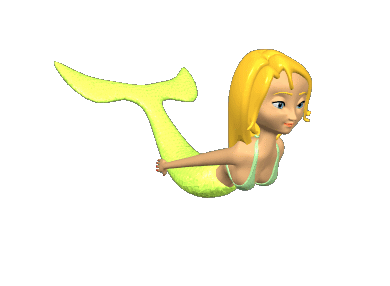 Animated moving cartoon picture of blonde Mermaid with a yellow tail swimming in the ocean