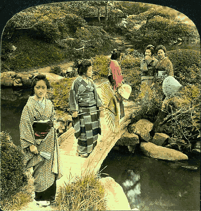 Wiggle 3D image of women crossing a foot bridge over a stream in a garden.  Animation made from stereoscopic viewing card
