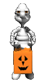 Halloween mummy holding up his trick or treat bag to be filled with candy and stuff