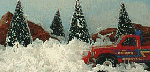 Animated scene with toy pick up truck driving through artificial snow