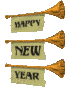 Animated Happy New Year bugles horns trumpets