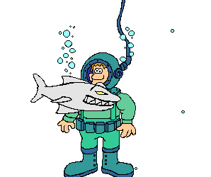 Animated deep sea diver with shark swimming in circles around him