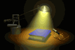 Animated desk lamp on book goes off gif animation