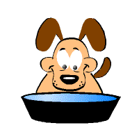 Moving picture of a happy animated puppy dog drinking water from a big bowl 