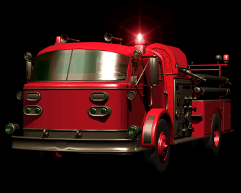 Animated firetruck with flashing red warning lights