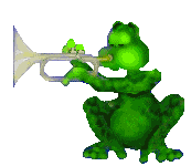 Animated frog playing music on coronet