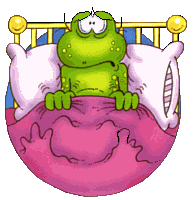 Animated frog trying to sleep but the bed bugs keep biting, keeping him awake