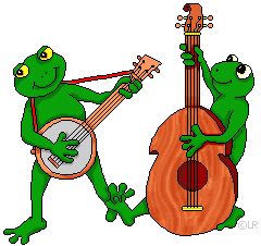 Animated frogs playing music on banjo and bass