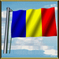 Moving Picture animated gif Andorra flag waving on pole in front of rippling water
