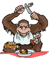 Animated monkey eating steak dinner