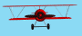 Animated old red biplane flying toward you in blue sky