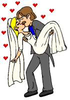 Animation of romantic newly wed couple, groom carrying his bride with love hearts floating in the air