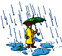 Animated man in rain storm with green umbrella