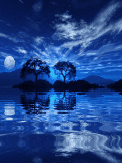 Animated rippling water with blue sky at moonrise
