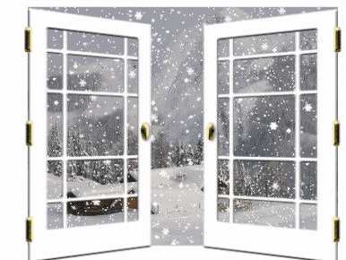 Moving animated snowfall outside an opened window gif animation