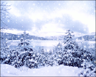 Moving animated snowstorm on pine trees at lake gif