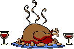 Animated clip art picture of steaming roast turkey dinner with two glasses of wine