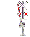 Animated train crossing warning gate with flashing lights
