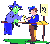 Animated witch getting speeding ticket