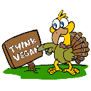 Big eyed moving cartoon turkey pointing at "Think Vegan" sign in moving clip art