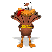 Animated Turkey holds up an accordian style expanding Happy Turkey Day sign