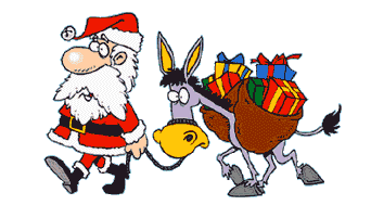 Animated  Santa Clause walking with donkey carrying Christmas gifts