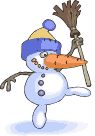 Animated snowman with big carrot nose balancing on one foot