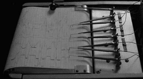 Animated polygraph, lie detector needles bouncing on paper
