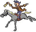 Animated minute man on horseback yelling and waving his arms to warn of the enemy