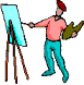 Animated clip art image of an Artist painting on easel