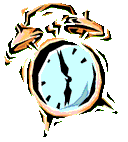 Animated color clip-art alarm clock bouncing and moving around