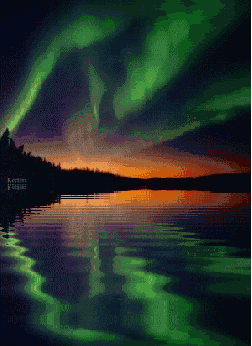 Beautiful animated view of Aurora Borealis or The Northern Lights in the reflection of the water in a lake somewhere in the north