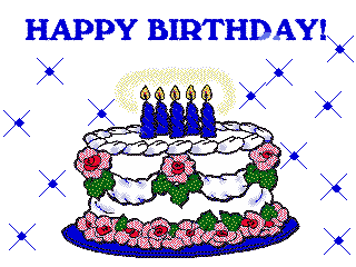 Birthday cake with color changing flowers and five lit candles on a skarkling background