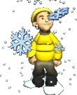 Animated boy in yellow jacket and toque watching snow flakes fall from the sky