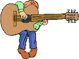 Little person playing big guitar peeks around to see you while he plays, Guitar Player Animations
