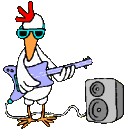Animated cartoon rooster with green sunglasses playing guitar