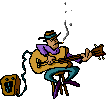 Cowboy playing guitar smoking cigar or cigarette sitting on a stool