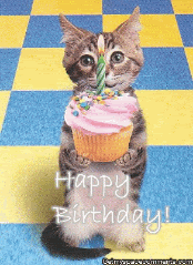 Cute animated kitty wishing you happy birthday with a cupcake and a candle