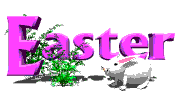Easter bunny hopping by Easter sign