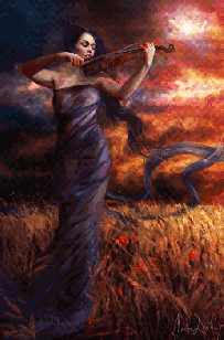 Moving picture of a lady in a flowing purple dress standing in a field with stormy sky playing violin