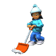 Clip art animation of a girl using a snow shovel to clear snow from the driveway