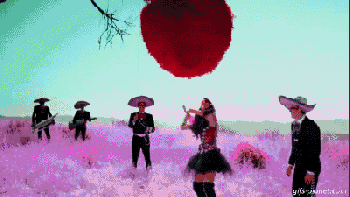 Surrealistic animation of blindfolded girl swinging at and exploding a party pinata for Cinco de Mayo celebration