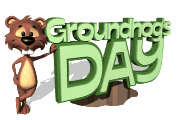 Groundhog animation standing beside leaning on Groundhog Day sign
