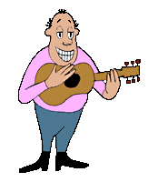 Funny man in a pink shirt with a silly smile playing guitar