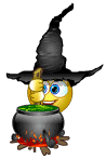 Smiley face emoticon witch finishing off her magic potion