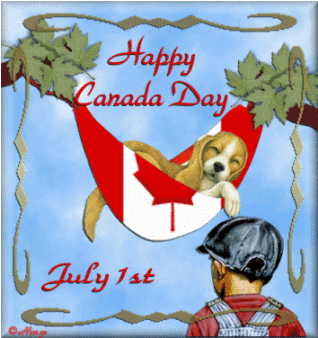 Happy Canada Day animated card with dog in hammock